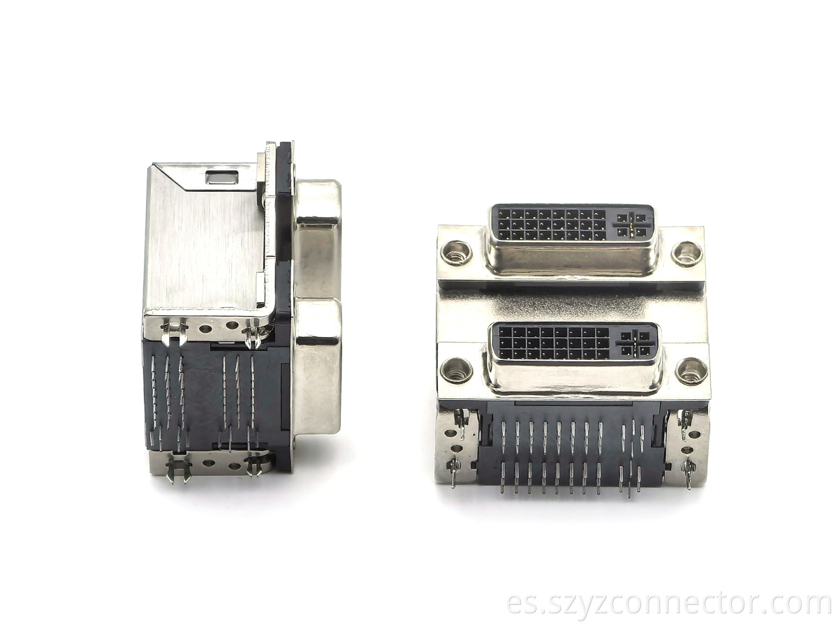 DVI Dualport Connector: DVI-24+5 Female Receptacle Right-Angle DIP Panel-Mount Black Plastic